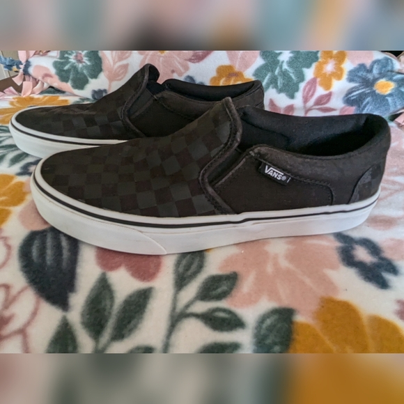 Vans Black On Black Checkered Slip-Ons Mens Size 7.5 Excellent Condition - Picture 2 of 11